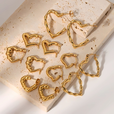 Non Tarnish Heart Hoop Earrings Stainless Steel Luxury 18K Gold Filled Hoop Bamboo Heart Earrings for Women
