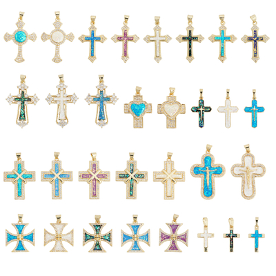 Wholesale DIY Opal Brass Plated With 18K Real Gold Cross Diamond Charms for Jewelry Making