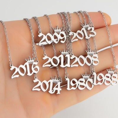 Custom Angel Number Year 1980- 2024 Necklace Stainless Steel Silver Year Number Necklace With Crown