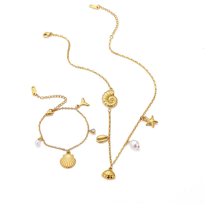 Fashion Waterproof Sea Beach Jewelry Women Stainless Steel Gold Sea Shell Beach Bracelet Necklace Jewelry