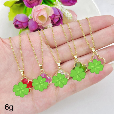 Lucky Stainless Steel Multicolor Crystal Four Leaf Clover Necklace Gold Plated