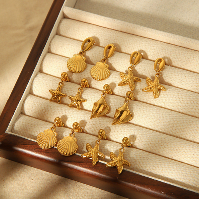 Luxury Fashion Jewelry Starfish Earrings Bulk Gold Plated 6 Pcs Stainless Steel Summer Sea Gold Hoop Earrings