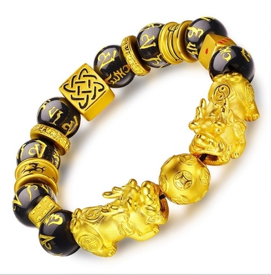 Good Luck Gold Wealth Jewelry Black Buddha Obsidian Beads Feng Shui Mantra Wealth Double Pixiu Proverb Bracelet